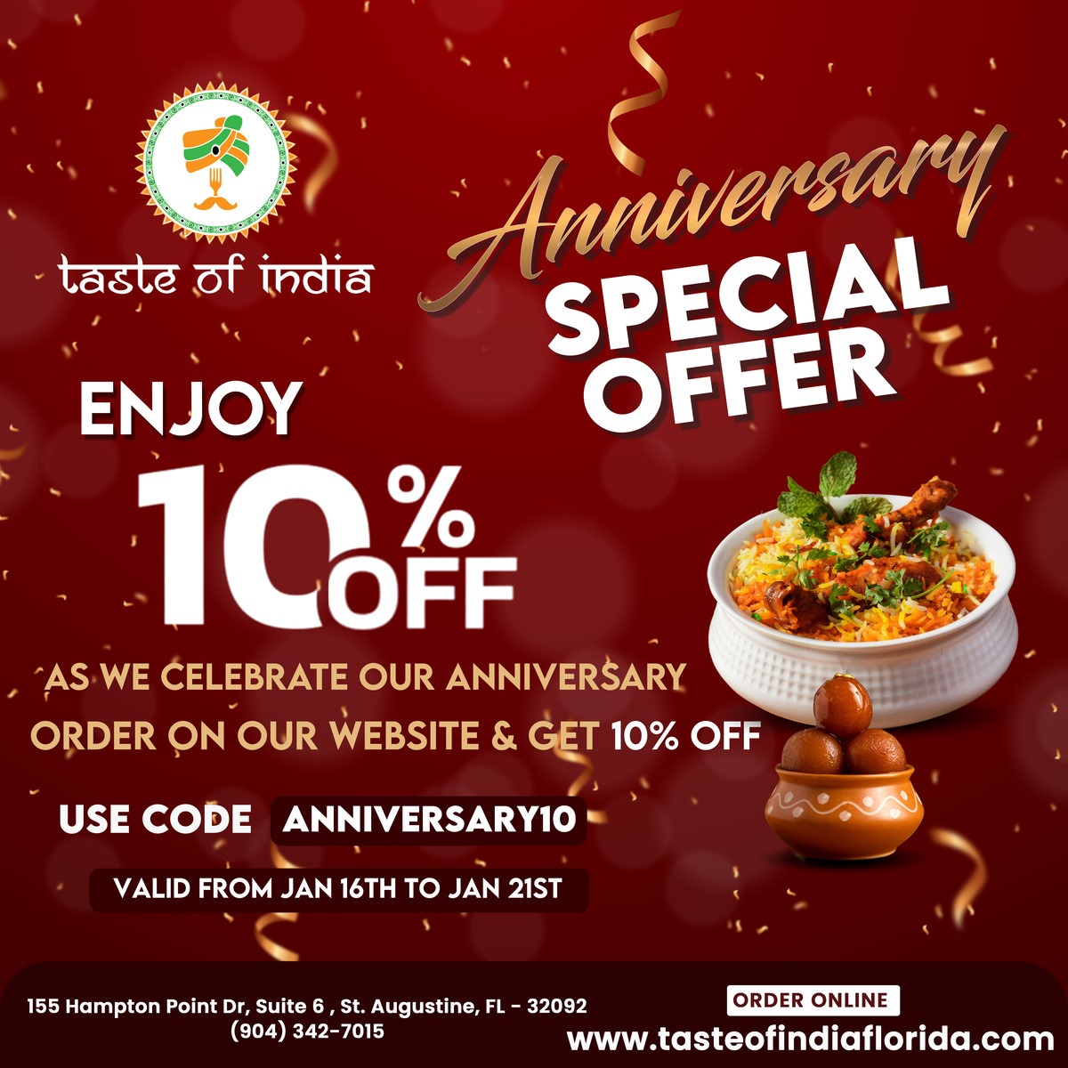 Taste Of India, St. Augustine FL » MENU / ORDER ONLINE